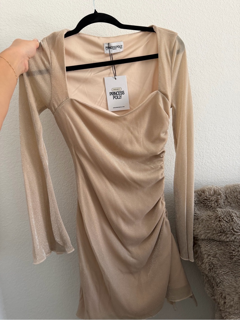 Princess Polly Champagne Long-Sleeve Ruched Mini Dress